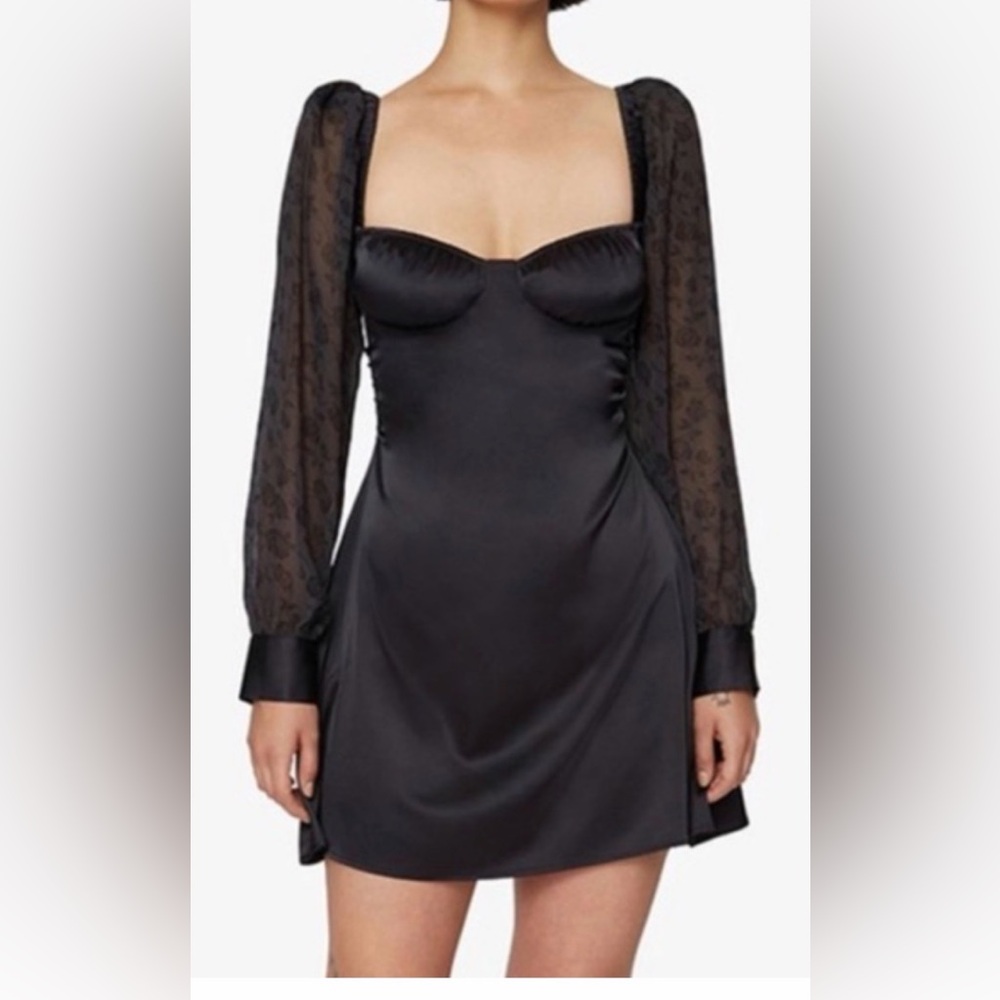 DANIELLE BERNSTEIN Black Satin Chemise with Sheer Sleeves